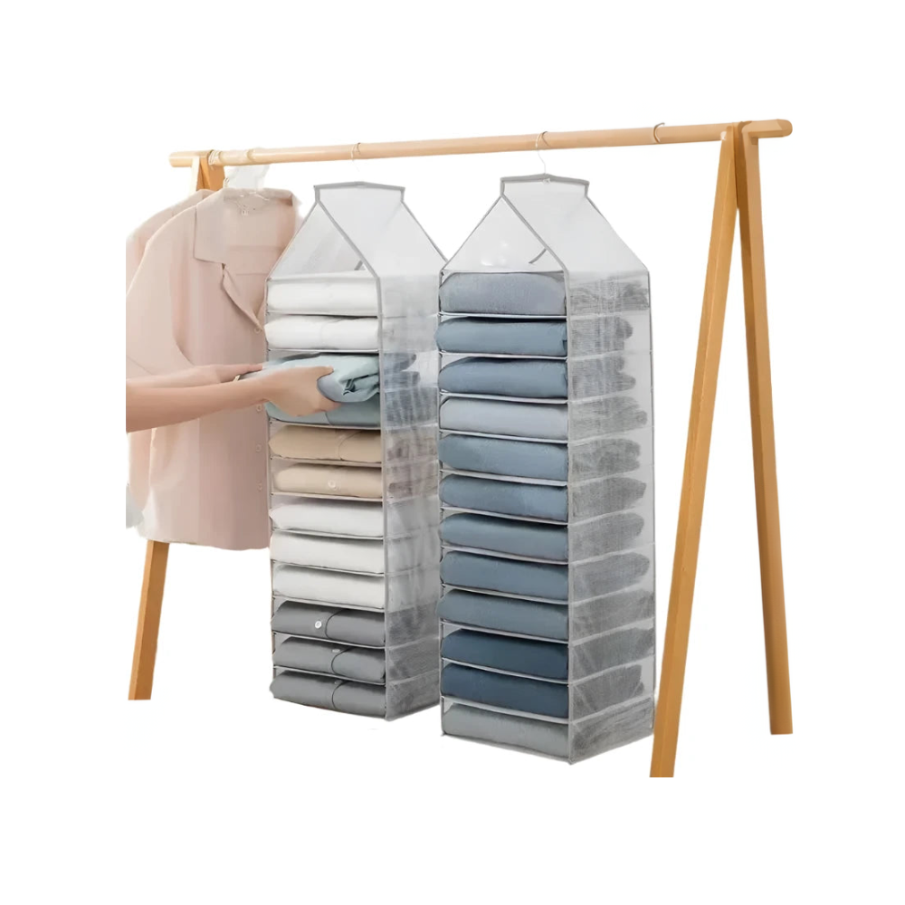 Hanging wardrobe clothing layer organizer
